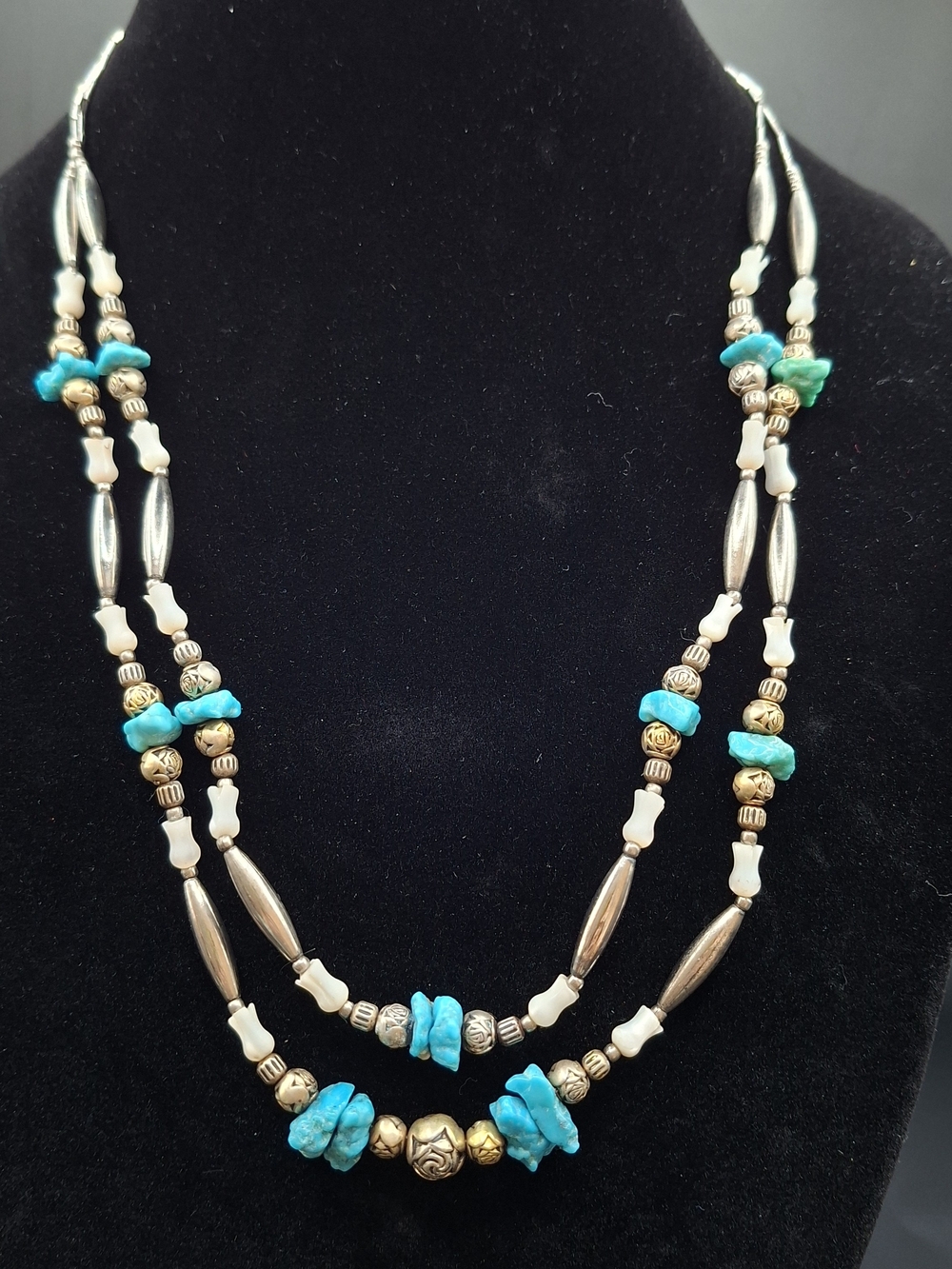 Turquoise MOP & Silver  Bead Double-Strand Necklace - Native American
